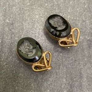 Vintage Black Carved Glass Gold Cameo Earrings